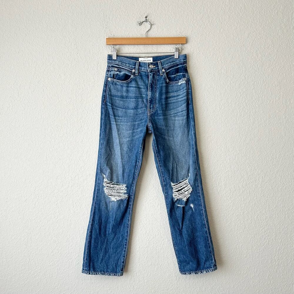 SLVRLAKE London Crop Jeans Blue Distressed High Rise Straight Leg